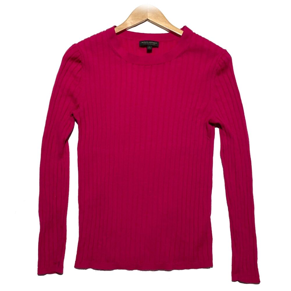 BANANA REPUBLIC 100%  Merino Wool Women's Sweater Sz L Crew Neck Ribbed Pink